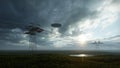 3d render. UFO over the field and high-voltage power lines Royalty Free Stock Photo