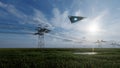 3d render. UFO over the field and high-voltage power lines Royalty Free Stock Photo