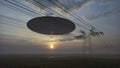 3d render. UFO over the field and high-voltage power lines Royalty Free Stock Photo