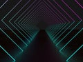 3d render, ultraviolet neon square portal, glowing lines, tunnel, corridor