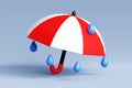 3D render umbrella icon with raindrop in cute style on yellow background.