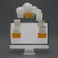 3D render Uploading desktop documents from folder to folder Document cloud. Open File folder with flying blank documents. Data