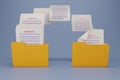 3D render Uploading documents from folder to folder. Open File folder with flying blank documents. Data transfer backup, File Royalty Free Stock Photo