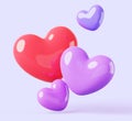 3d render Valentine day banner background. Flying heart shape balloons, red purple pink love symbols with glossy shiny Royalty Free Stock Photo