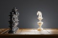 3d render chessboard with knight and chess pieces on black backgroud