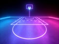 3d render, violet blue glowing neon light, part of the basketball virtual playground, frontal view, sport field scheme