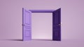 3d render, violet double door wide opened. Architectural or interior element isolated on lilac background. Entrance metaphor