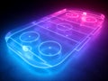 3d render, virtual neon hockey rink, playground, virtual sportive game field perspective angle view, pink blue glowing line