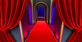 walkway arch, black hallway, Long tunnel with arches and red carpet with red curtain
