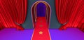 walkway arch, black hallway, Long tunnel with arches and red carpet with red curtain