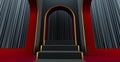 Walkway arch, black hallway, Long tunnel with arches and red carpet, VIP Entrance With black Carpet And Curtains in the end