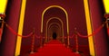 walkway arch, black hallway, Long tunnel with arches and red carpet withe golden barrier for product presentation