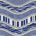 Carving waves pattern on background seamless texture, patchwork pattern, blue and white color, fabric texture, 3d illustration