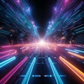 3D render of a warp jump Fast travel through a neon lit galaxy corridor