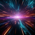 3D render of a warp jump Fast travel through a neon lit galaxy corridor