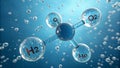 Water molecule structure with H2 and O2 labels in blue liquid Royalty Free Stock Photo