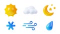 3D render weather icons set, sun, cloud, moon
