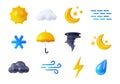 3D render weather icons set, sun, clouds, crescent