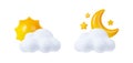 3d render weather icons , sun, crescent, clouds