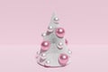 3d render of white artificial Christmas tree with pink and white baubles on a pastel pink background