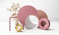 3d render white background with geometric shapes. Gold and pink pastel color black glass Simply trendy design