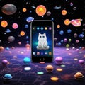 A 3d render of a white cat sitting on a smartphone in space surrounded by planets and stars Royalty Free Stock Photo