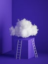 3d render, white cloud levitating above the cube pedestal, square podium, ladder, minimal room interior. Floating cumulus.