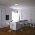 3d render white contemporary kitchen in modern white interior wi Royalty Free Stock Photo