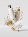 3d render, white cosmetic bottles with golden caps, isolated on white background. Beauty products and palm leaves levitate.