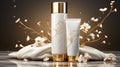 3d render, white cosmetic bottles with golden caps Premium design beauty products set. Clean style blank package mockup Royalty Free Stock Photo