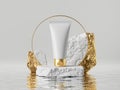 3d render, white cosmetic creme tube jar with golden cap, placed on rough cobblestone platform. Abstract beauty product.