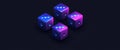A 3D render of white dice illuminated by neon light on a dark black background. These dice, often used in backgammon or Royalty Free Stock Photo