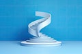 3D render of a white dna spiral on a blue background, Spiral stair with pedestal, winner podium on blue background, 3d render, AI