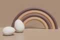 3d render of white eggs with a brown and beige rainbow on a beige background