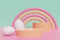 3d render of white eggs with a pink and orange rainbow on a pink and mint background with a podium