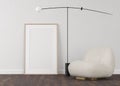 3d Render of white frames in light plaster wall and wood floor