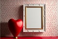 3D Render, White And Golden Photo Frame With Space For Image Against Red Tiny Hearts Wall And Shiny Heart Stand.