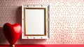 3D Render, White And Golden Photo Frame With Space For Image Against Red Tiny Hearts Wall And Shiny Heart Stand. Love