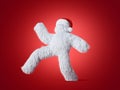 3d render, white hairy yeti in Christmas hat walking, running or dancing. Furry bigfoot cartoon character, scary monster isolated.