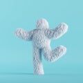 3d render, white hairy yeti coquette dancing. Furry bigfoot cartoon character, funny monster isolated on mint blue background,