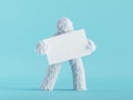 3d render, white hairy yeti holds blank card mockup, furry bigfoot toy with empty banner, funny winter monster cartoon character. Royalty Free Stock Photo