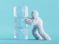 3d render, white hairy yeti pushes ice cubes, bigfoot cartoon character makes a tower from ice. Winter clip art isolated on mint