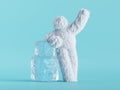 3d render, white hairy yeti stands near big ice cubes, bigfoot cartoon character. Winter clip art isolated on mint blue background Royalty Free Stock Photo