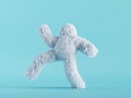 3d render, white hairy yeti walking, running or dancing. Furry bigfoot cartoon character, scary monster isolated on mint blue