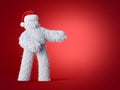 3d render, white hairy yeti wears Christmas hat, furry bigfoot toy, cartoon character fluffy monster isolated on red background Royalty Free Stock Photo