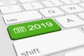 3d render - keyboard with green button - 2019 and calendar symbol.