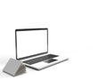 3d render of white laptop with blank screen and white open book for learning product mockup