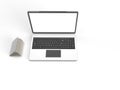 3d render of white laptop with blank screen and white open book for learning product mockup