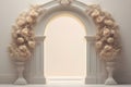 3 d render of white marble background with arch, roses, flowers, floral ornament