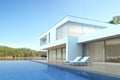 3D rendering of white modern house with swimming pool on lake background, Exterior with large window design